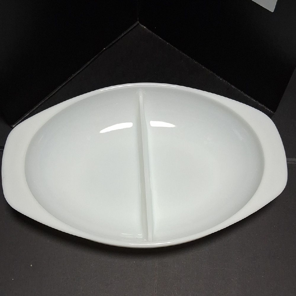 Vintage 1960s Pyrex #1083 Simply White Oval Divided Serving Dish